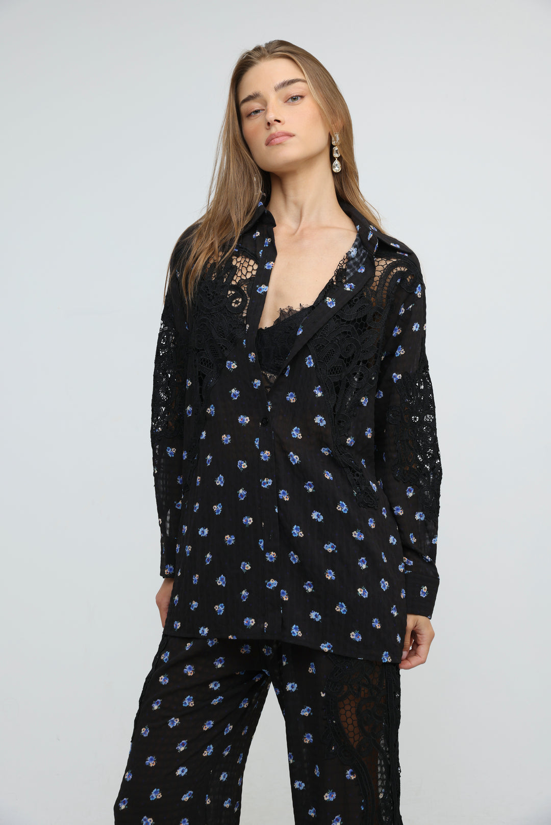 Black Floral Lace Panel Shirt