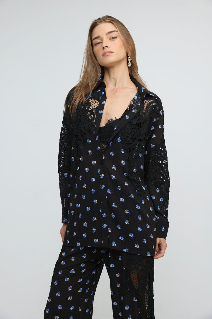 Black Floral Lace Panel Shirt