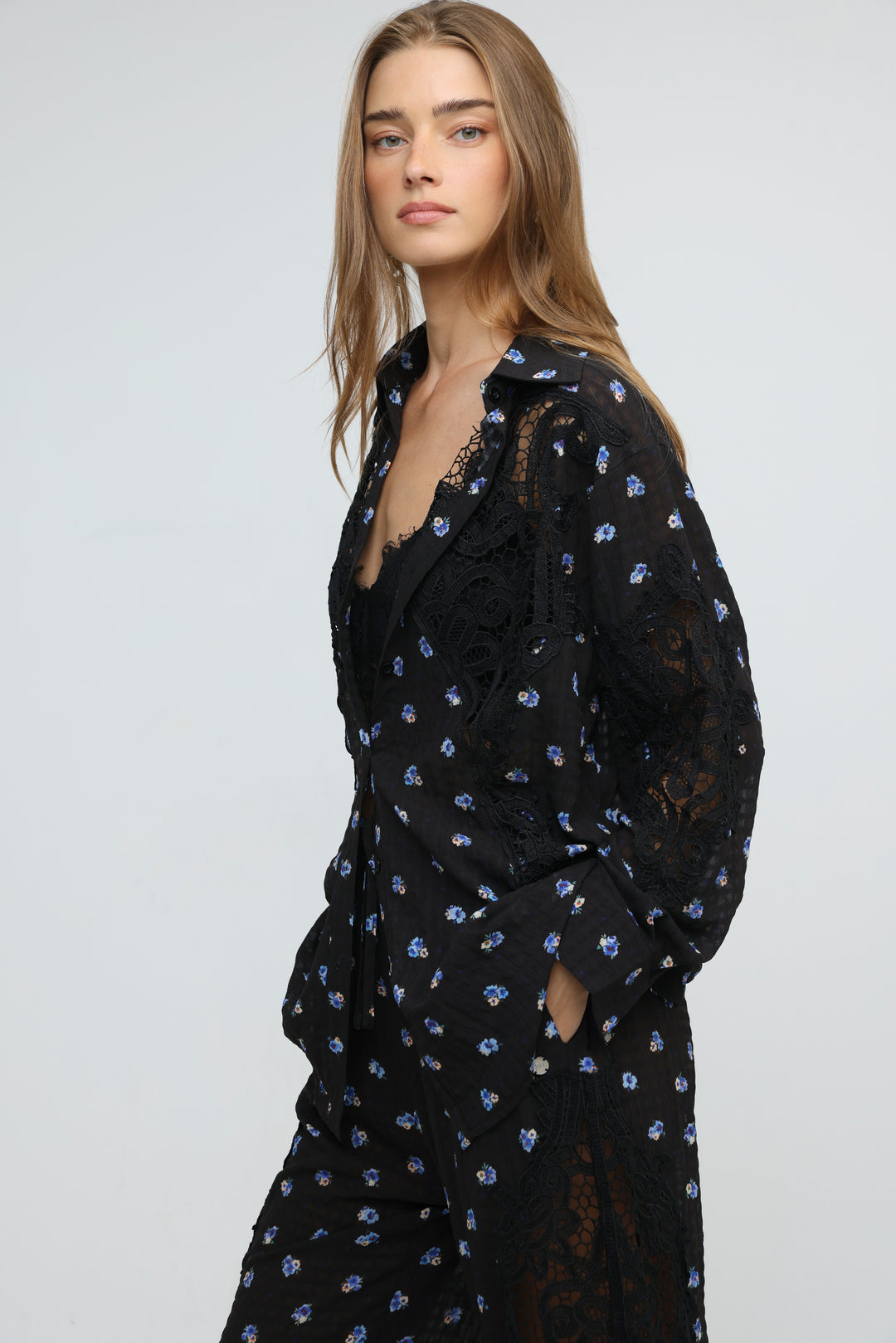 Black Floral Lace Panel Shirt