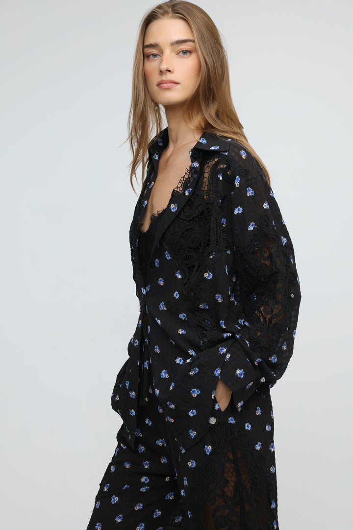 Black Floral Lace Panel Shirt