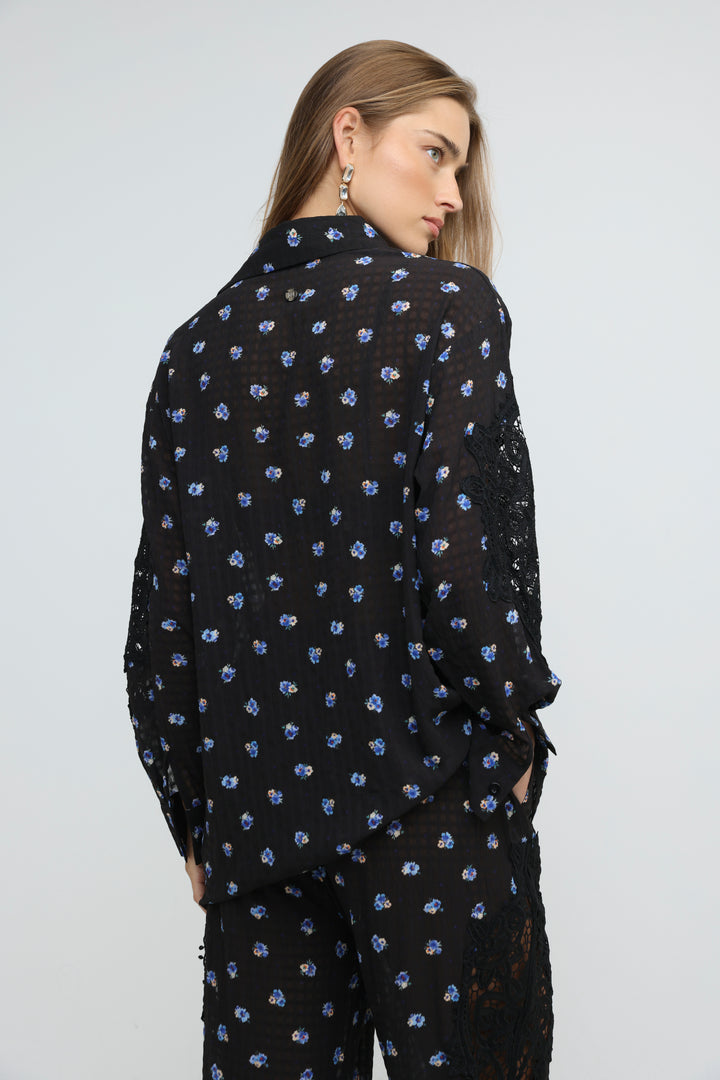 Black Floral Lace Panel Shirt