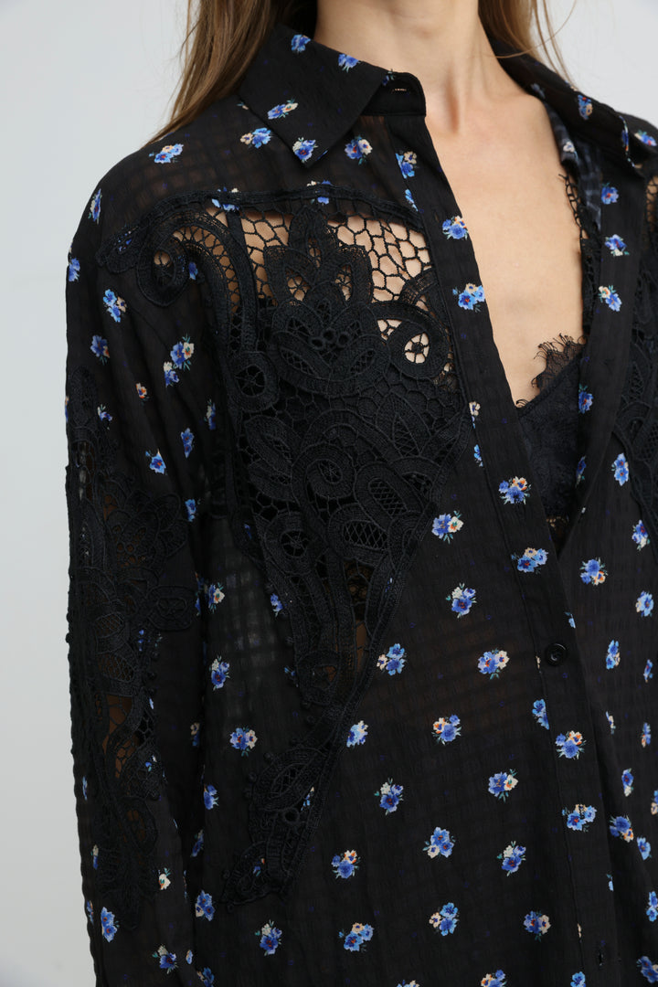 Black Floral Lace Panel Shirt