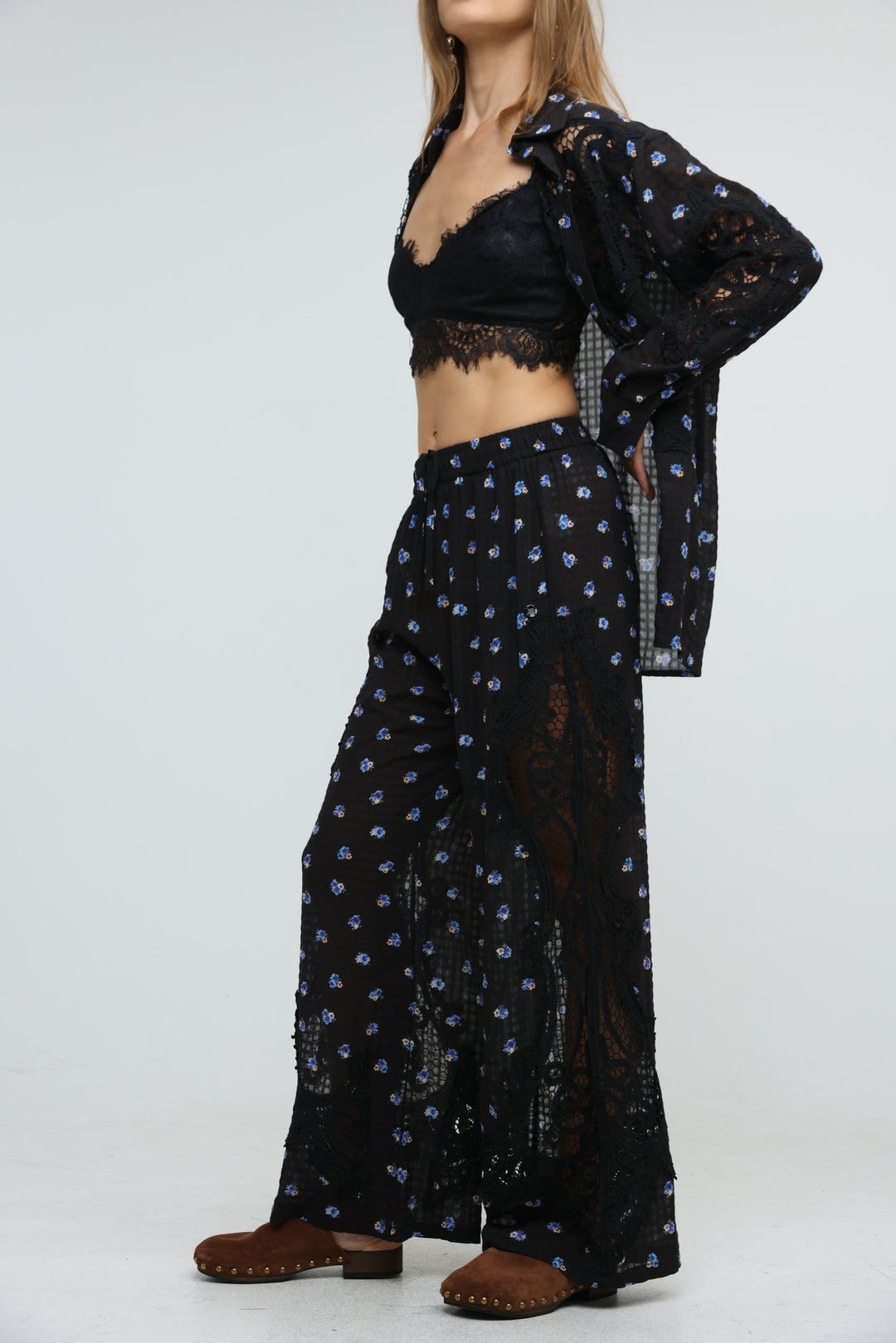 Black Floral Lace Panel Bottoms
