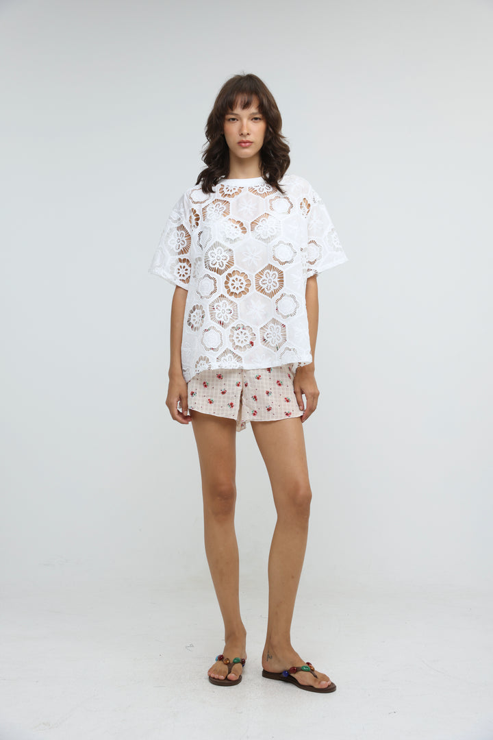 Floral White Cutwork T-Shirt