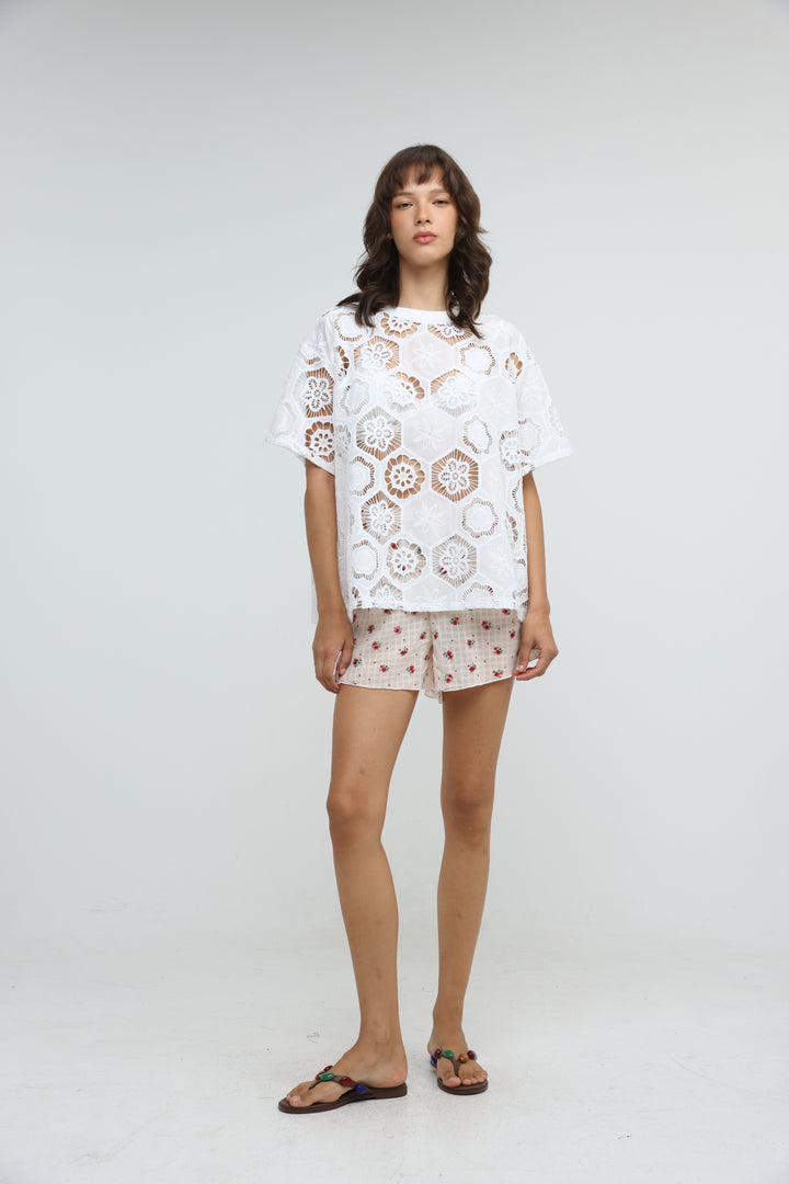 Floral White Cutwork T-Shirt