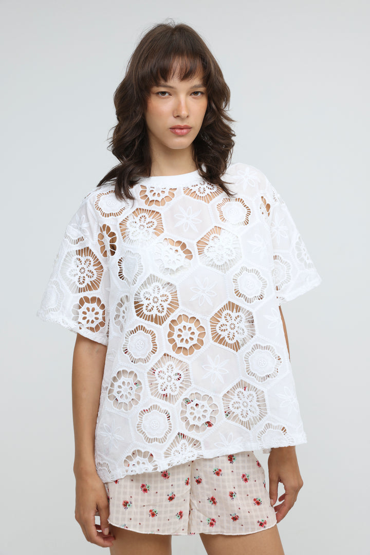 Floral White Cutwork T-Shirt