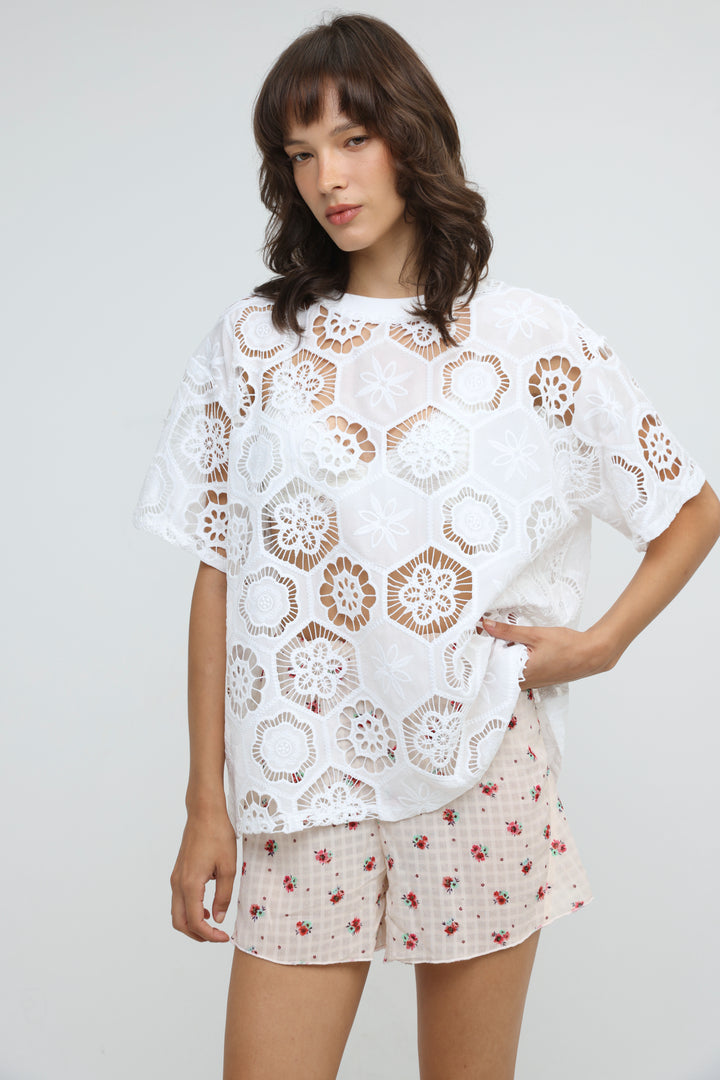 Floral White Cutwork T-Shirt