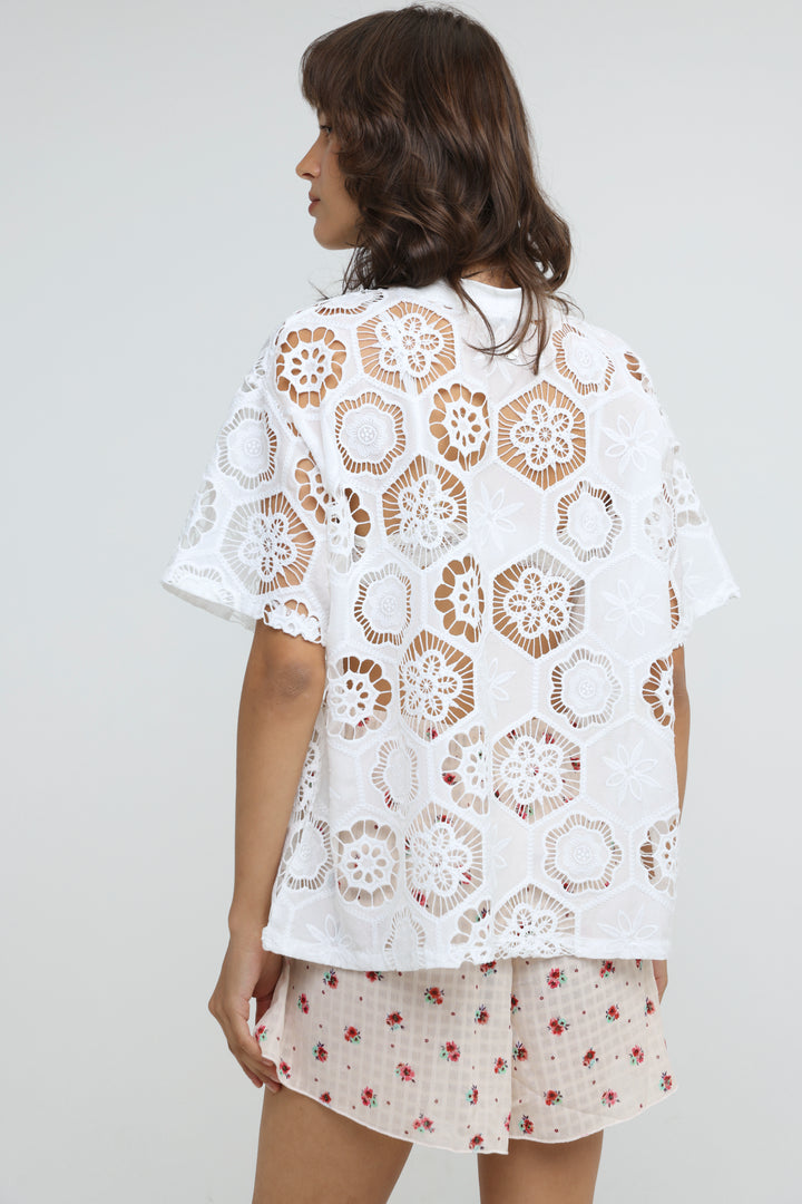 Floral White Cutwork T-Shirt