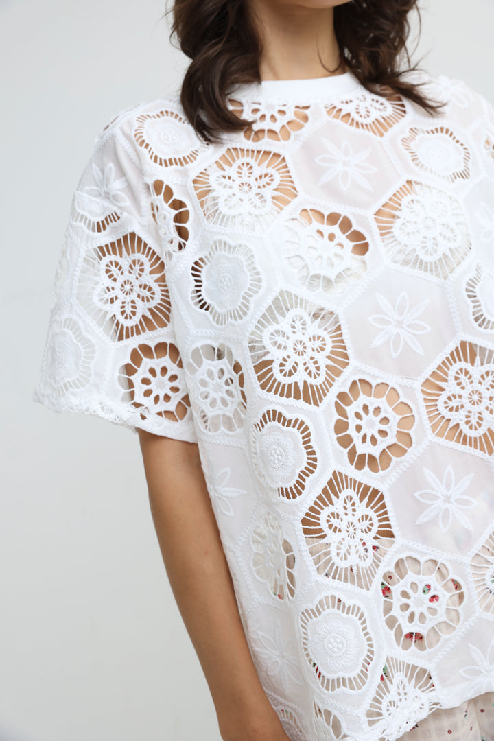 Floral White Cutwork T-Shirt