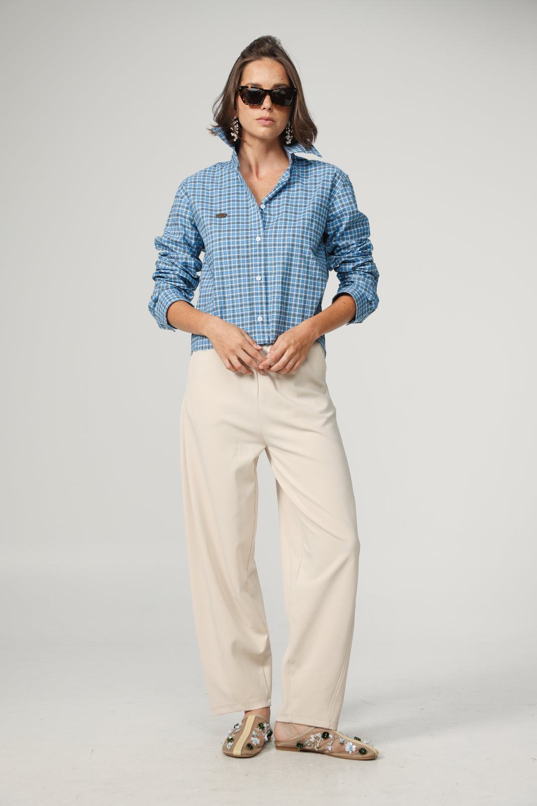 Blue Plaid Cropped Buttoned Shirt