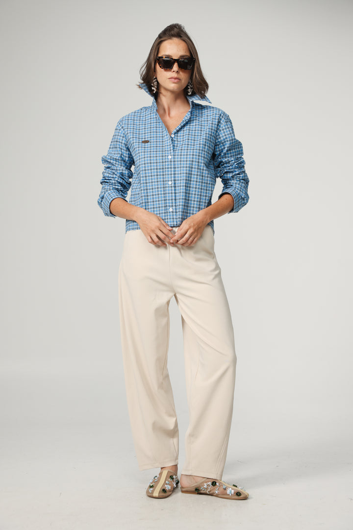 Blue Plaid Cropped Buttoned Shirt