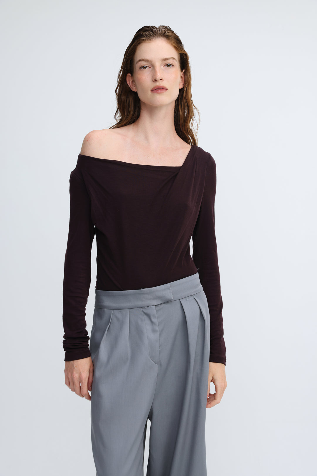 Miss purple shirt dark burgundy off-the-shoulder long-sleeve top with draped neckline shown from the front
