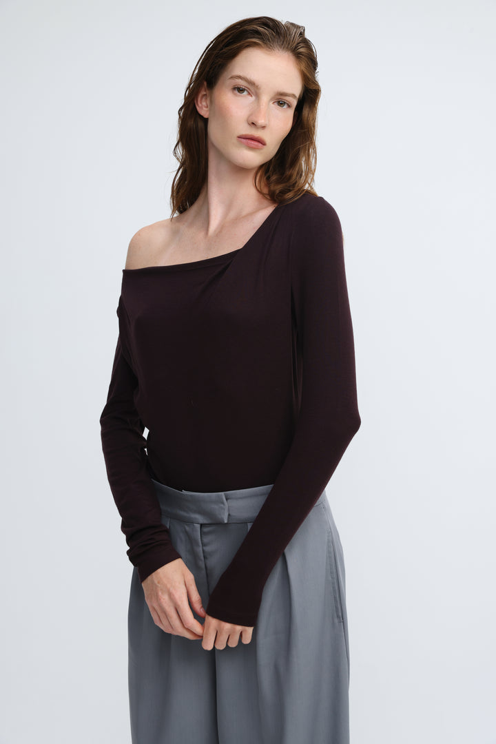 Miss Purple shirt dark brown off-the-shoulder long-sleeve top with draped neckline shown from the front