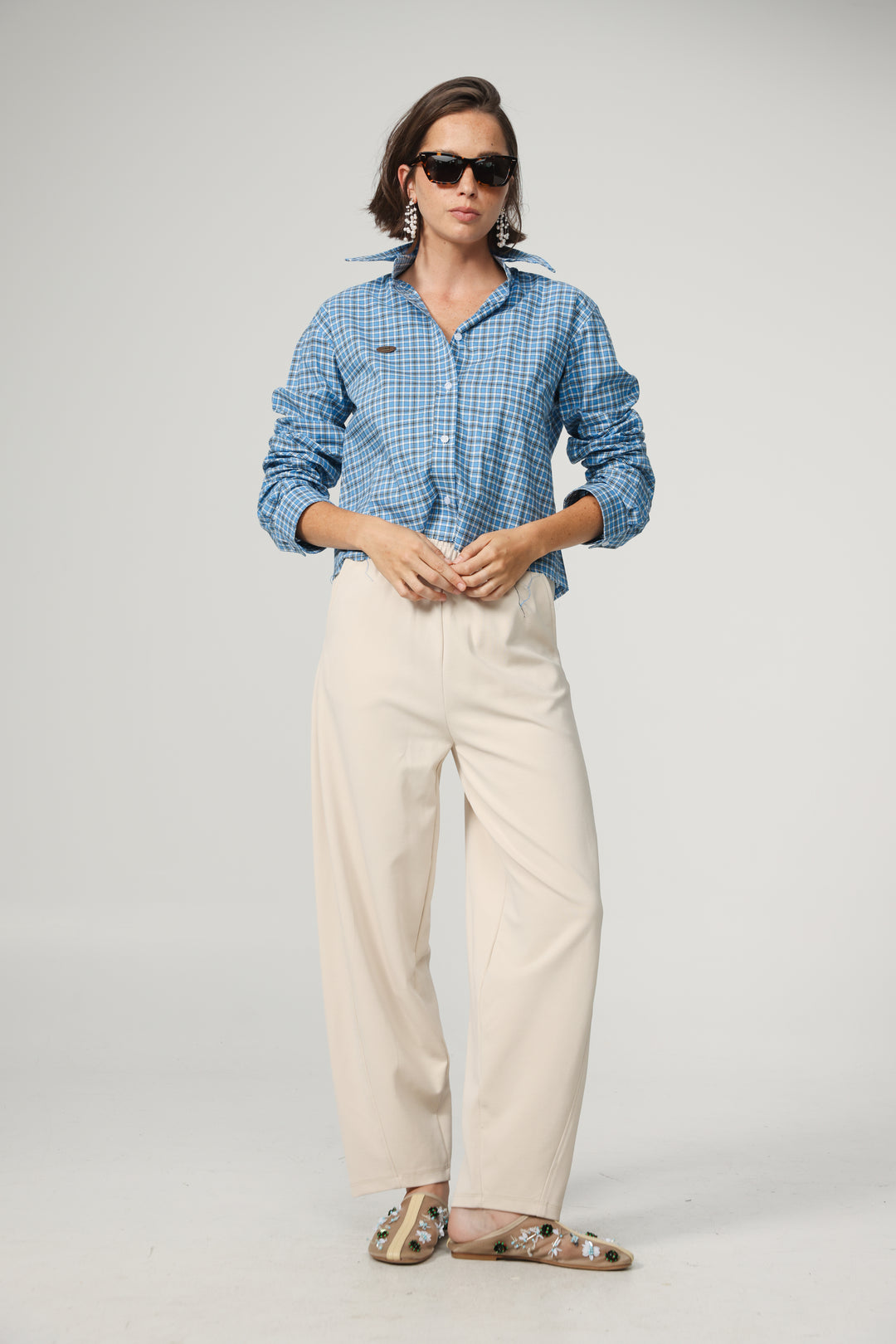 Blue Plaid Cropped Buttoned Shirt