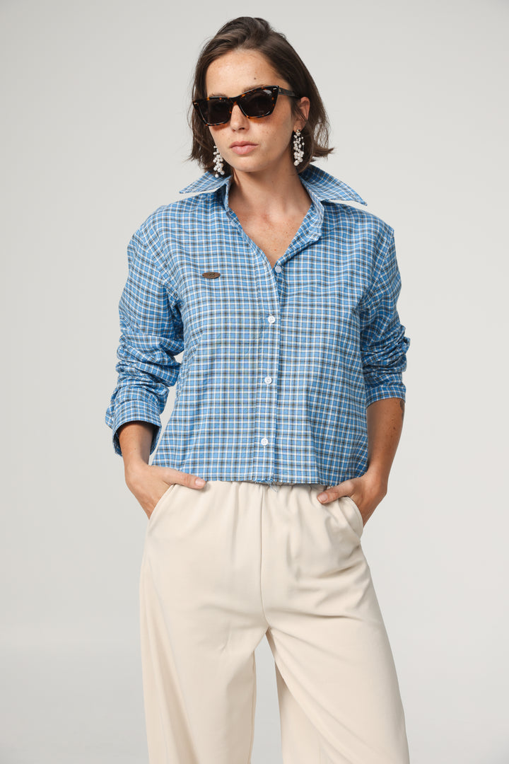 Blue Plaid Cropped Buttoned Shirt