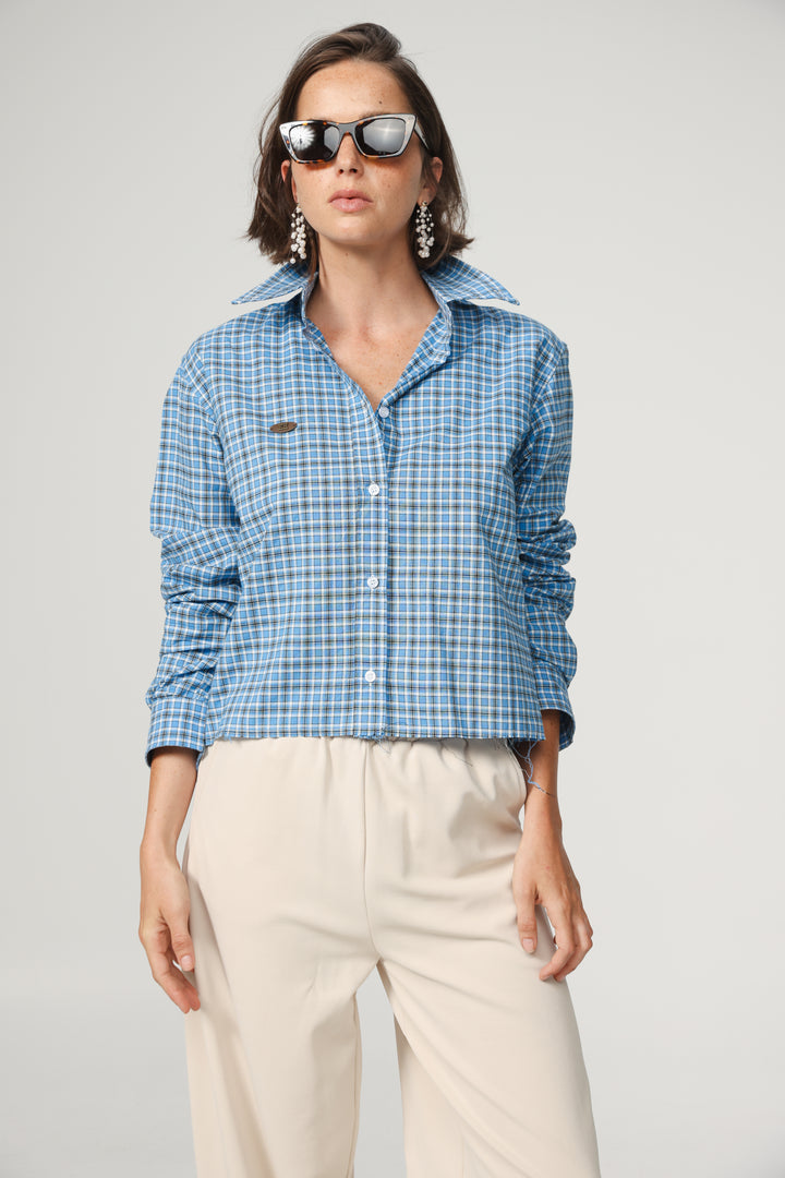 Blue Plaid Cropped Buttoned Shirt