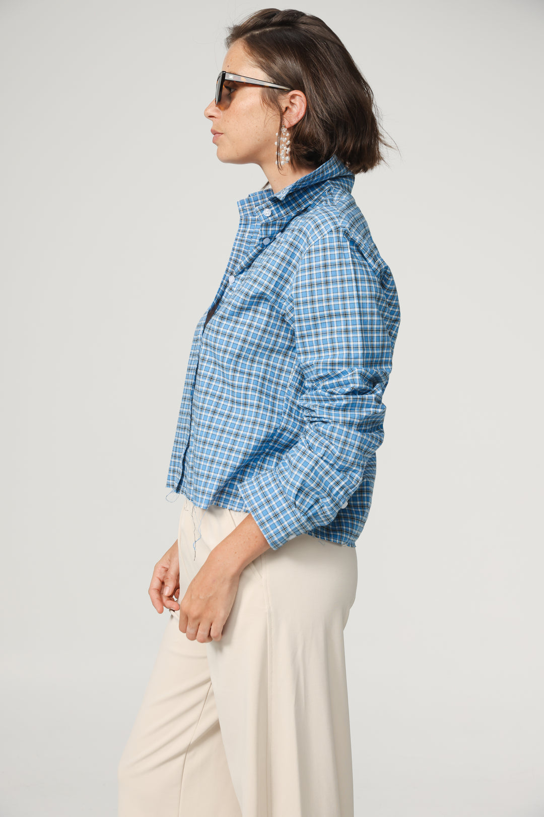 Blue Plaid Cropped Buttoned Shirt