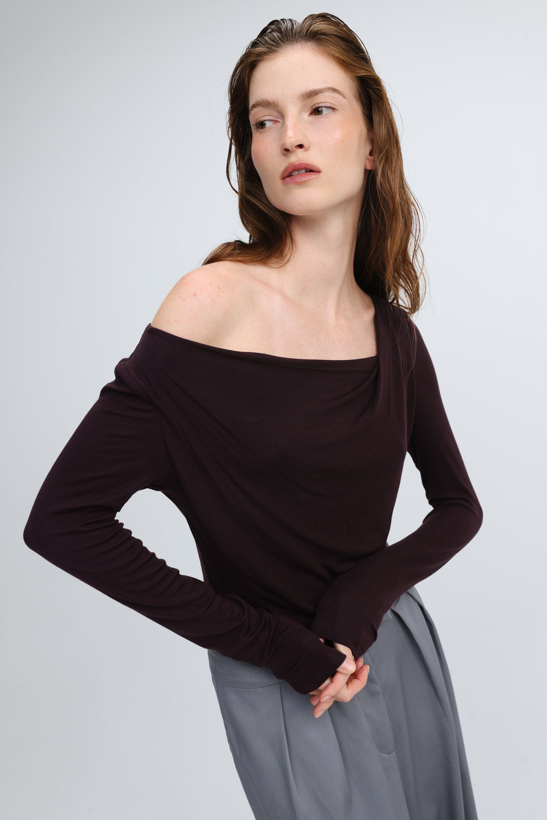Miss Purple Shirt off-the-shoulder long-sleeved top in deep burgundy shown from the front