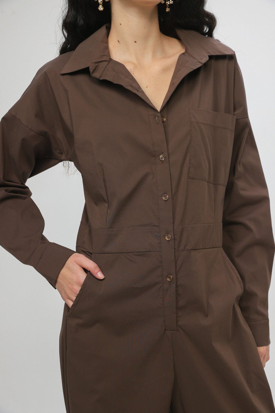 אוברול חום ארוך עם כפתורים Shoreditch Brown Jumpsuit