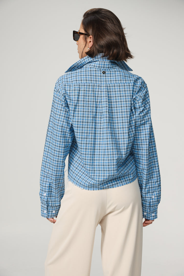 Blue Plaid Cropped Buttoned Shirt