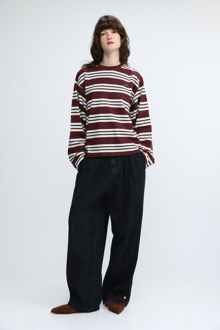 Maroon and white striped long-sleeved shirt with small embroidered logo on the chest shown from the front