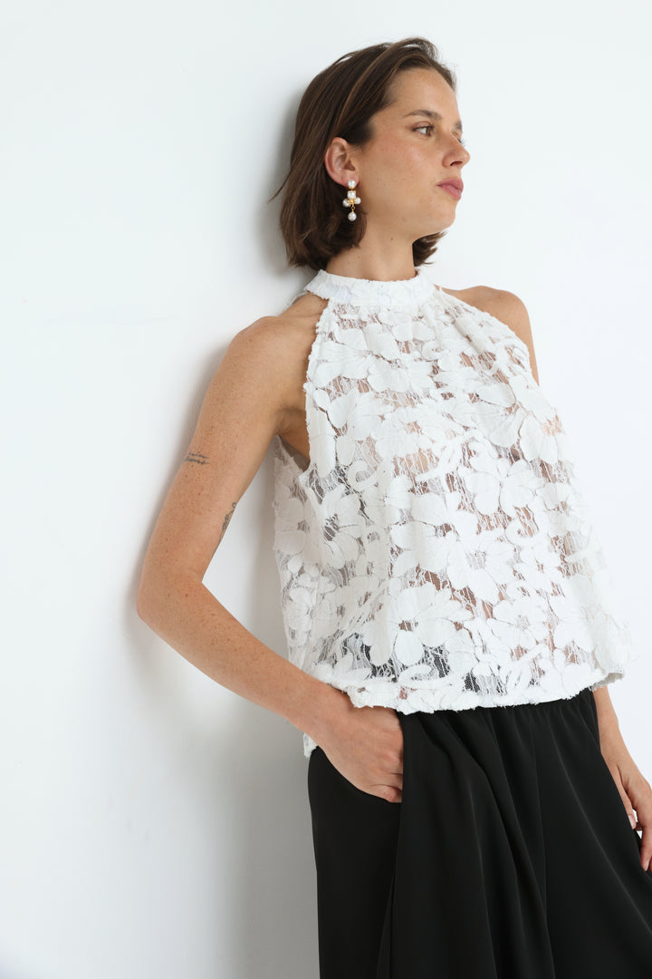 Floral Lace White Halter Top