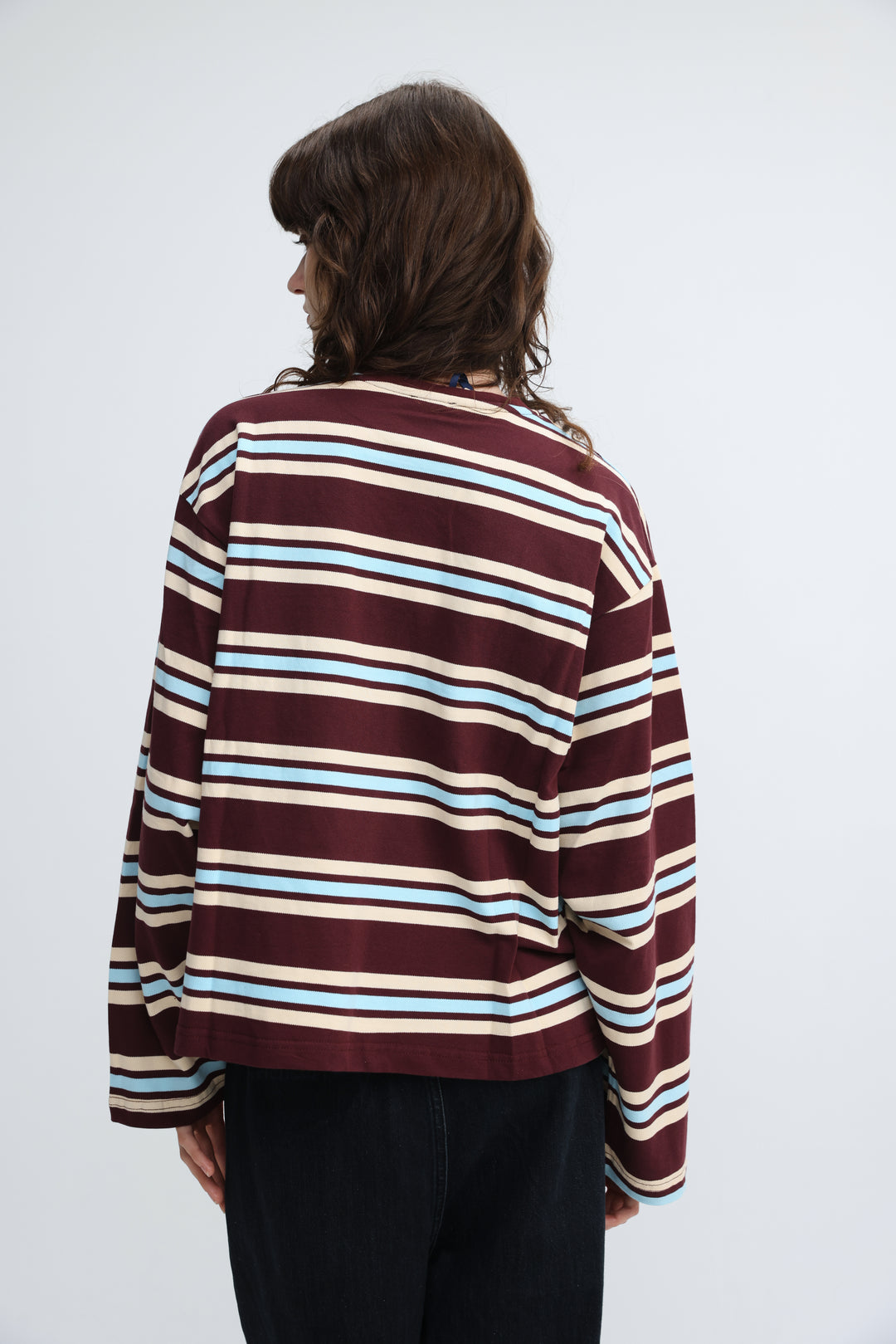 Federer wine striped shirt is a maroon light blue and cream striped long-sleeved top with a relaxed fit shown from the front