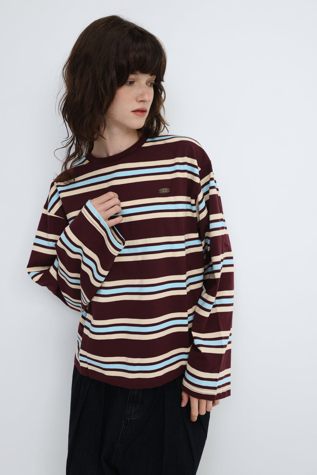 Federer wine striped shirt with maroon light blue and beige horizontal stripes and small chest embroidery front view