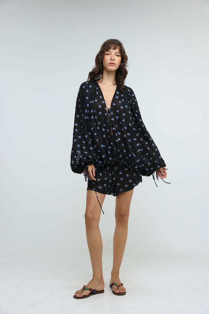 Black Floral Tie-Front Set