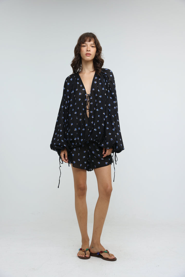 Black Floral Tie-Front Set