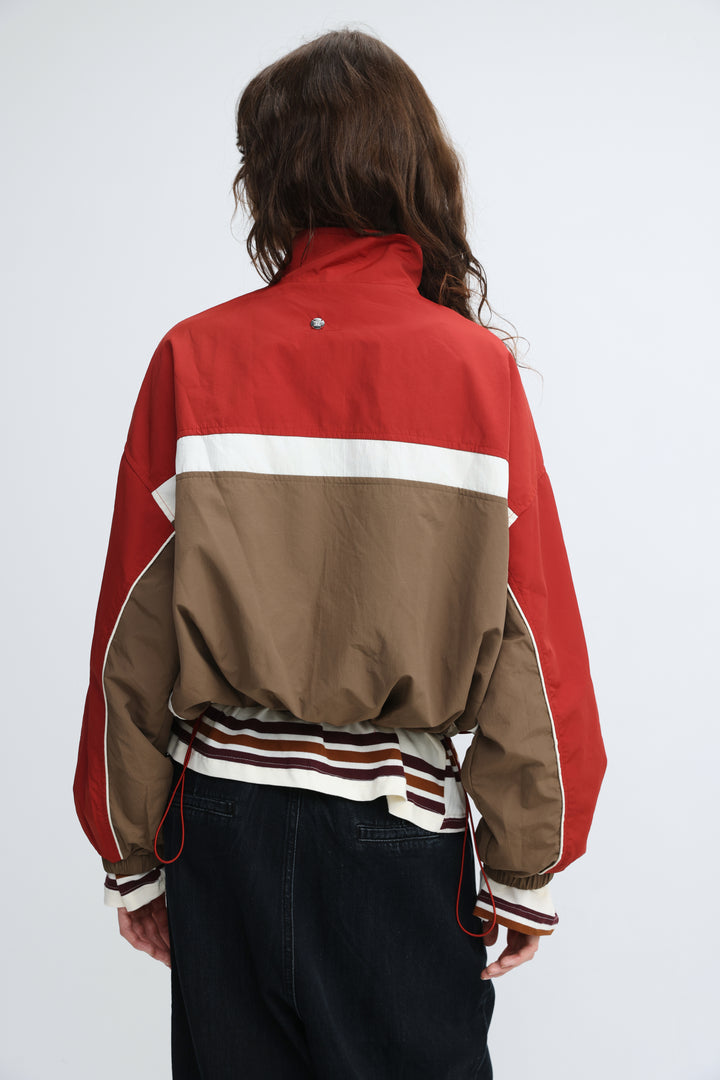 Madas red color-block bomber jacket with brown panels and white maroon beige striped cuffs and waistband front view