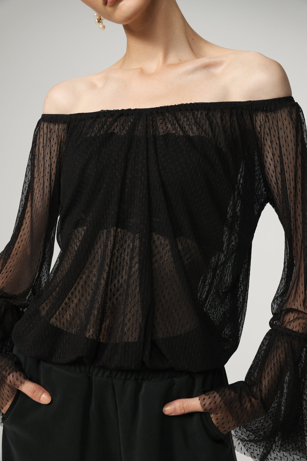 Sheer Black Off-Shoulder Mesh Top