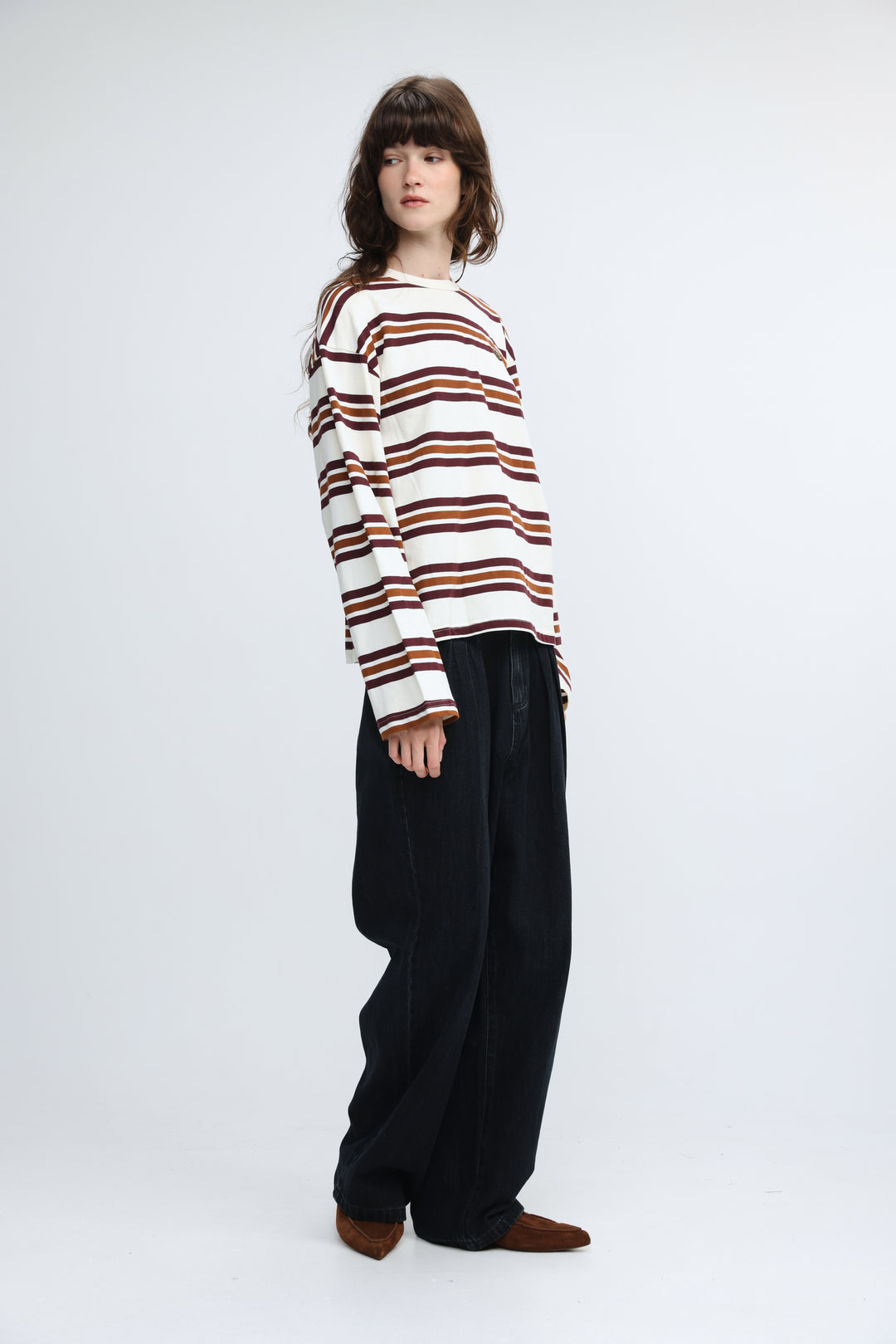 Federer cream striped long-sleeved sweater with horizontal white, brown, and tan stripes shown from the front