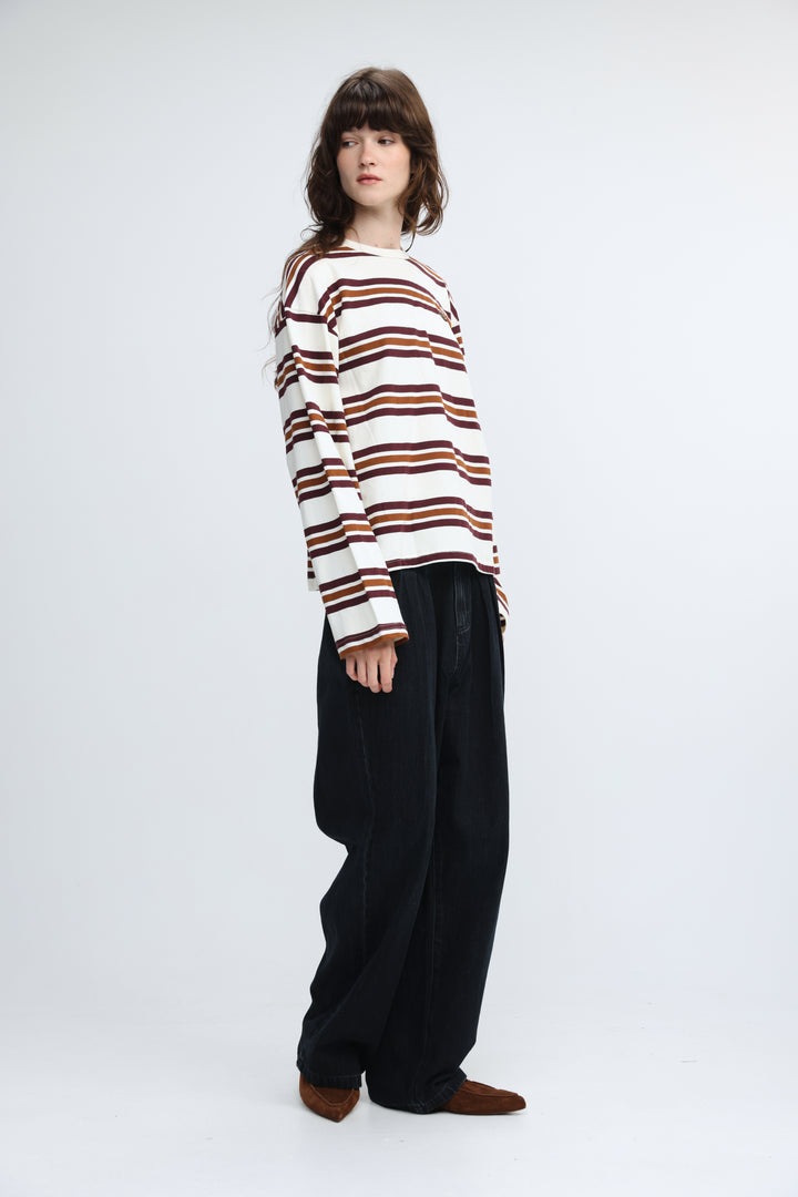 Federer cream striped long-sleeved sweater with horizontal white, brown, and tan stripes shown from the front