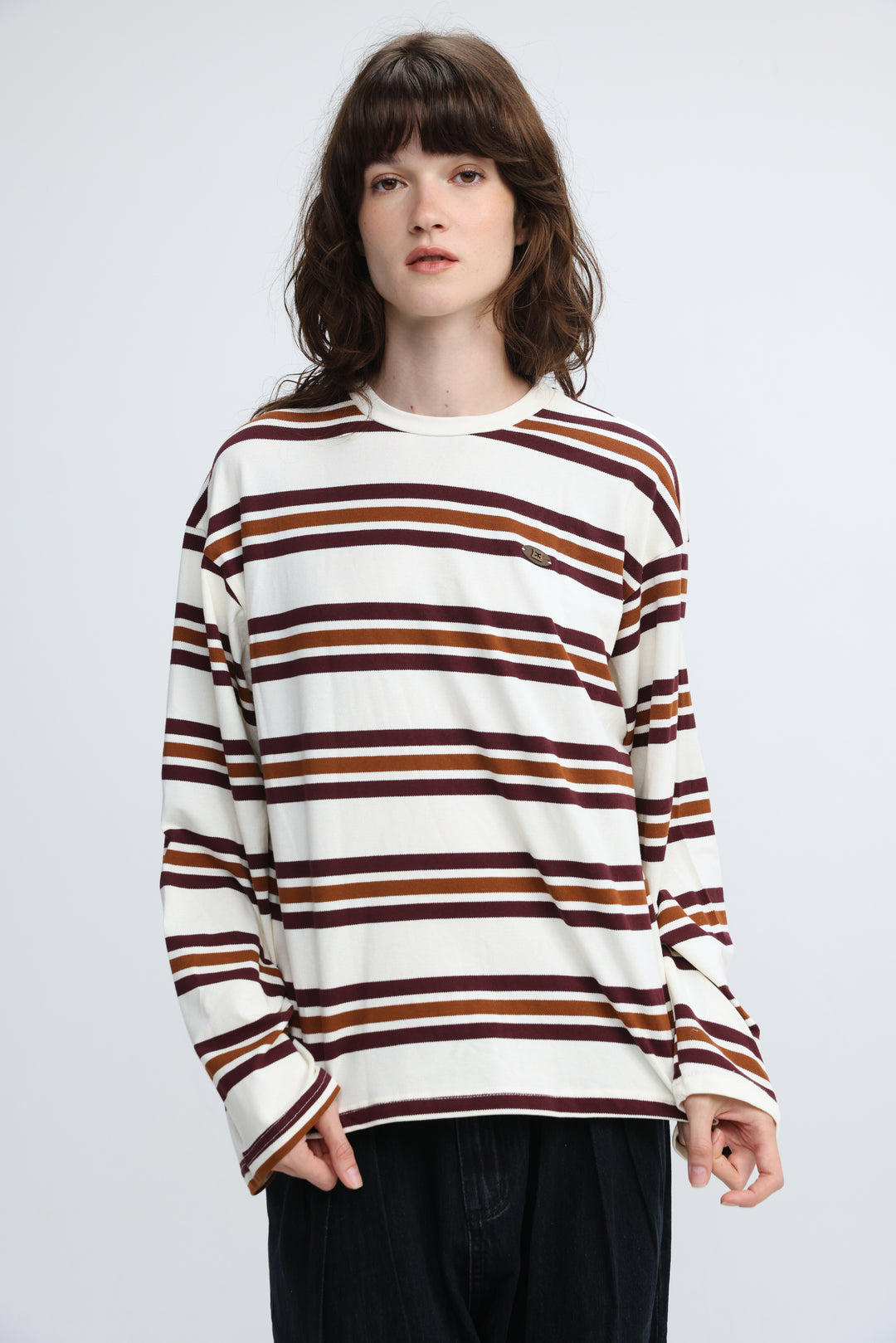 Federer cream striped long-sleeved crew-neck sweater with horizontal maroon and brown stripes shown from front