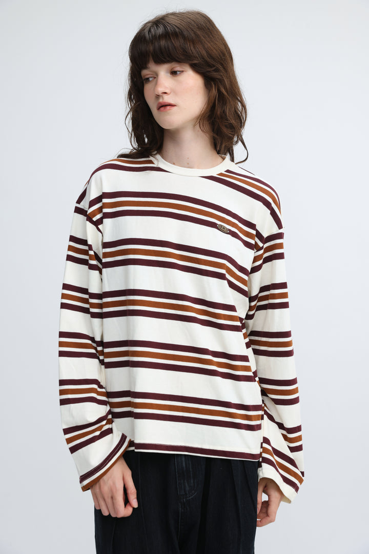 Cream oversized long-sleeved striped shirt with maroon and brown horizontal stripes and small embroidered logo on front