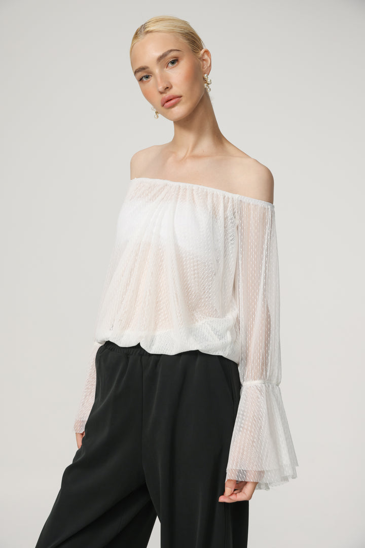 Sheer White Off-Shoulder Mesh Top