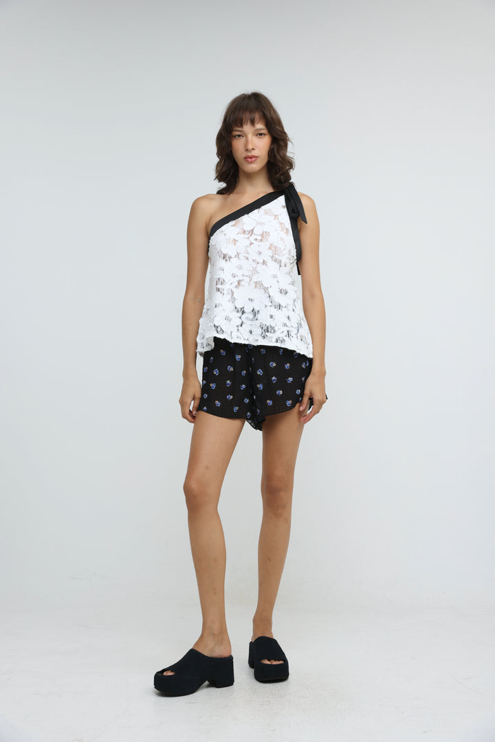 Floral Lace White One Shoulder Top