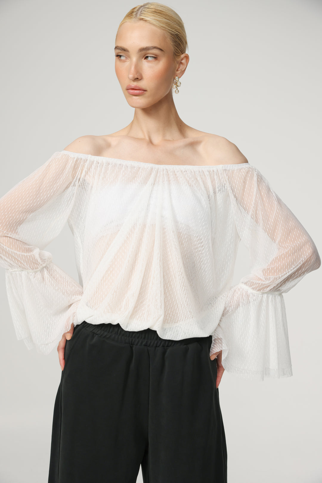 Sheer White Off-Shoulder Mesh Top