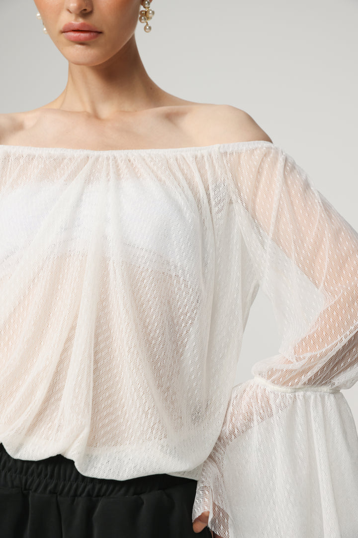Sheer White Off-Shoulder Mesh Top