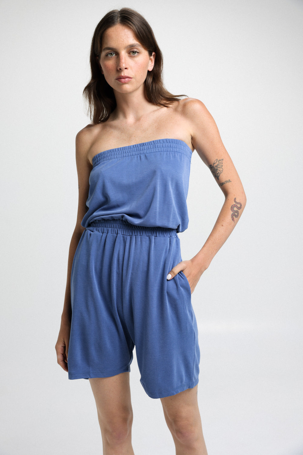 Short Strapless Blue Jumpsuit