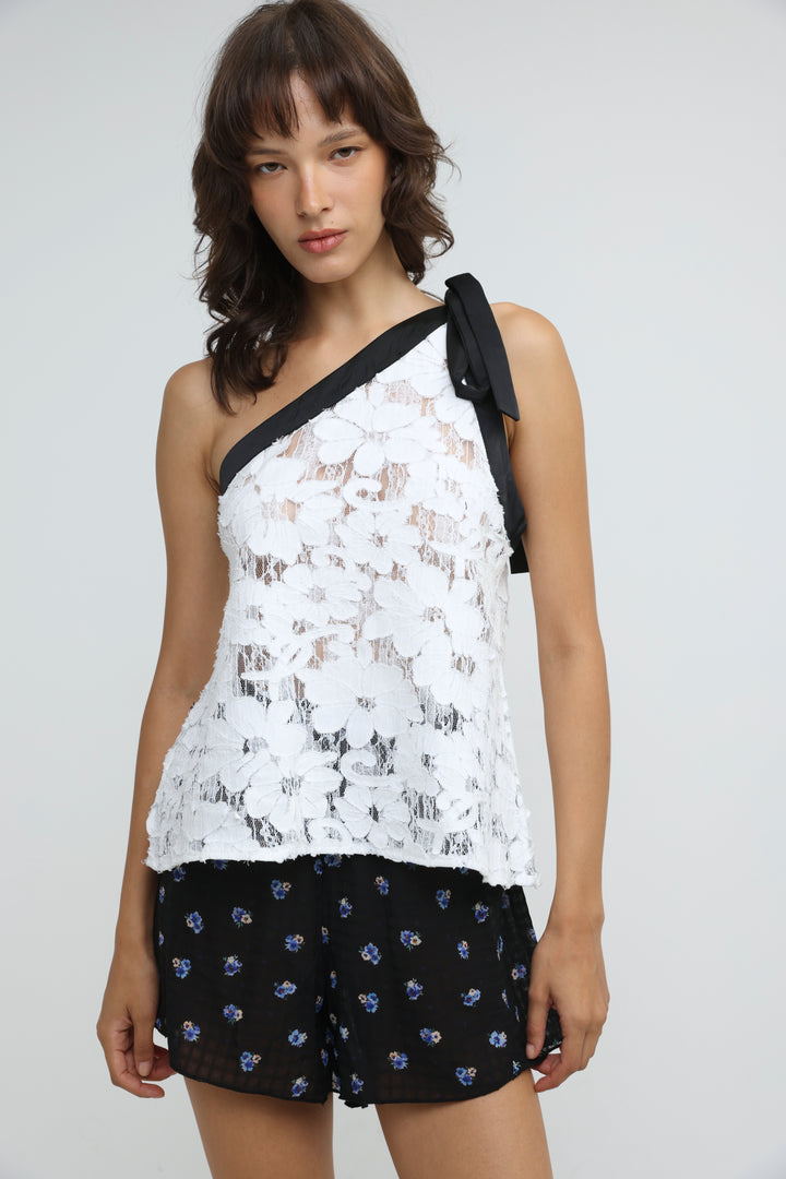 Floral Lace White One Shoulder Top
