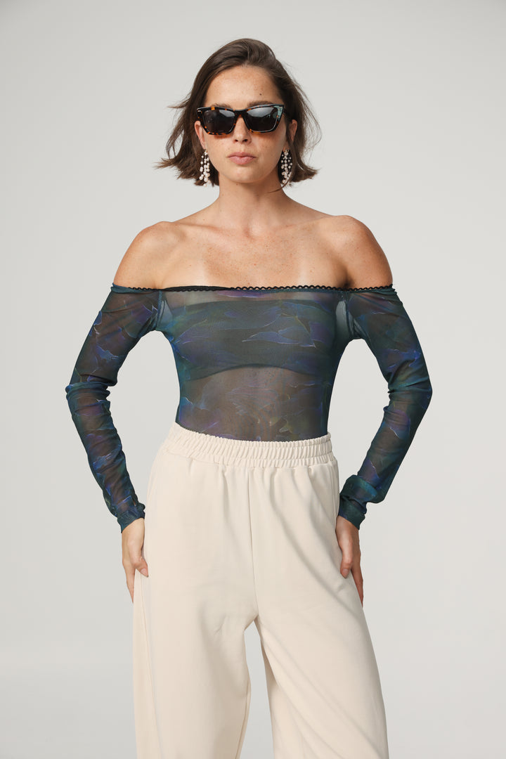 Mesh Blue Off Shoulder Bodysuit
