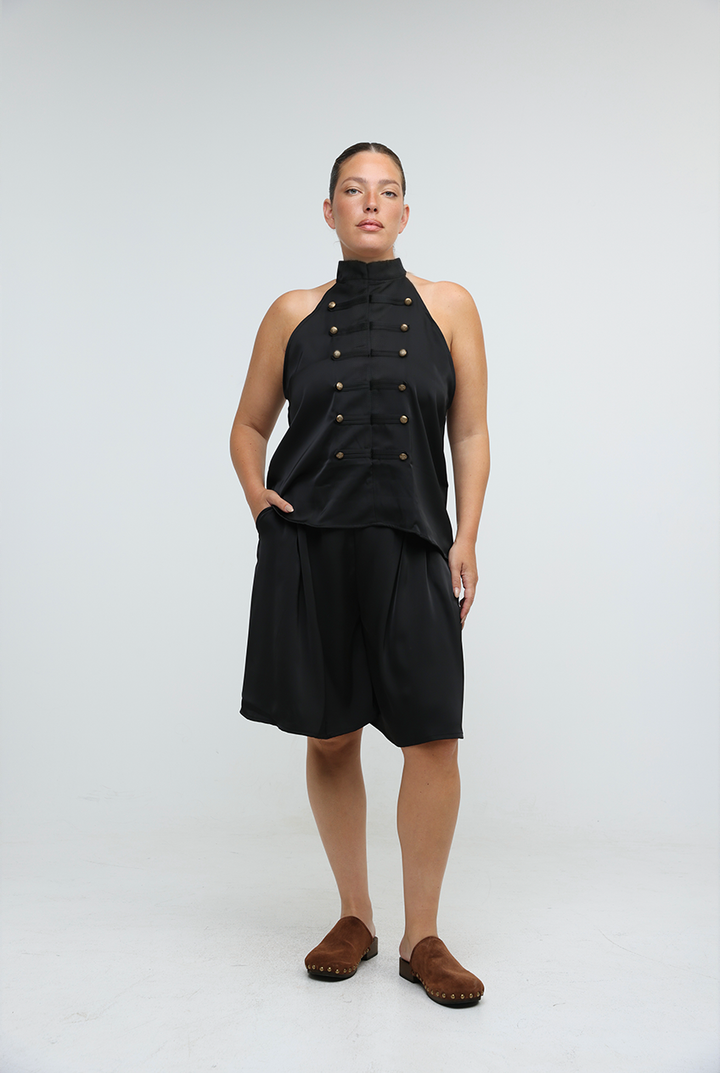 Satin Black Buttoned Halter Top