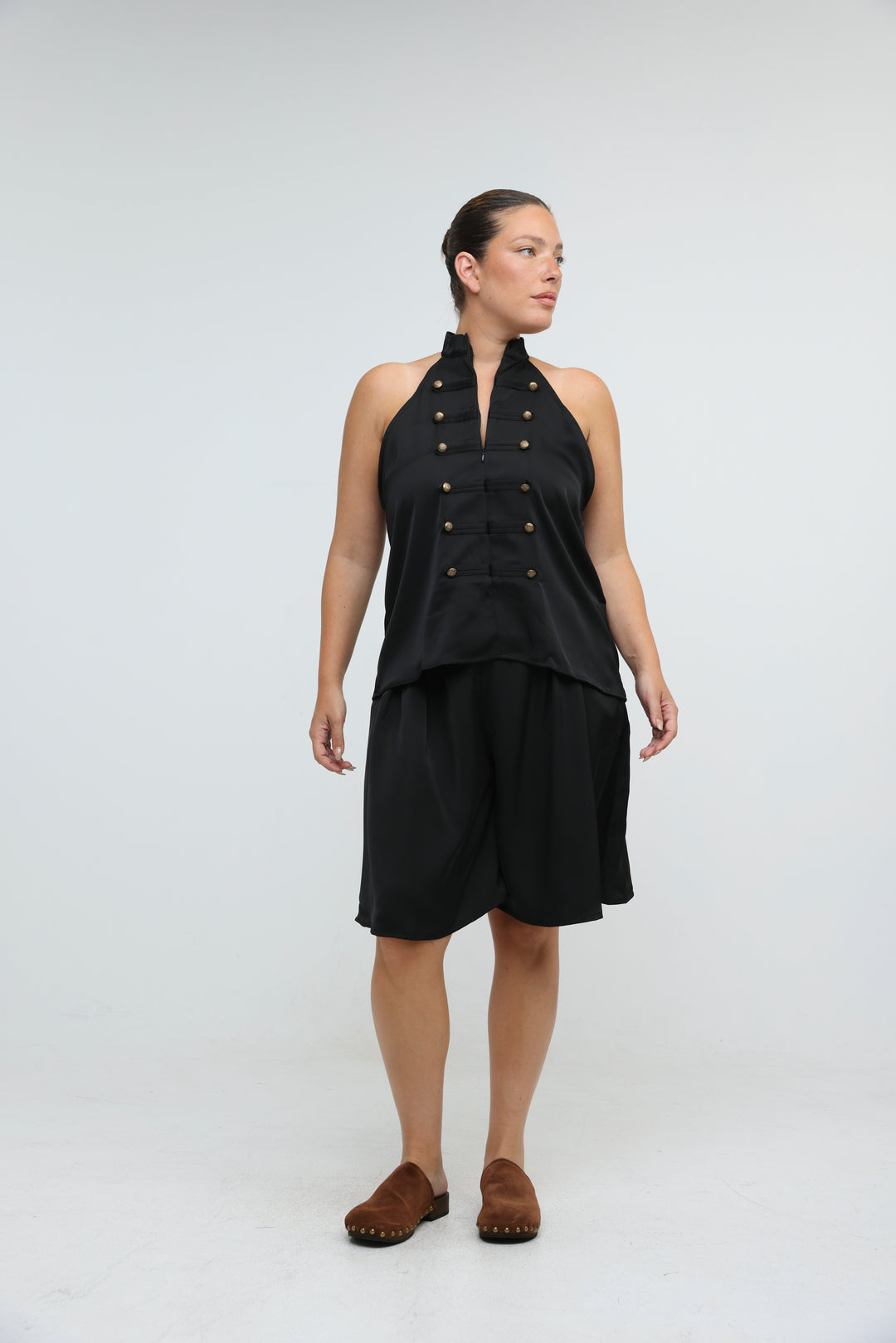 Satin Black Buttoned Halter Top