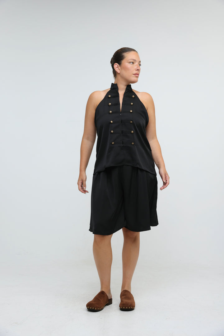 Satin Black Buttoned Halter Top
