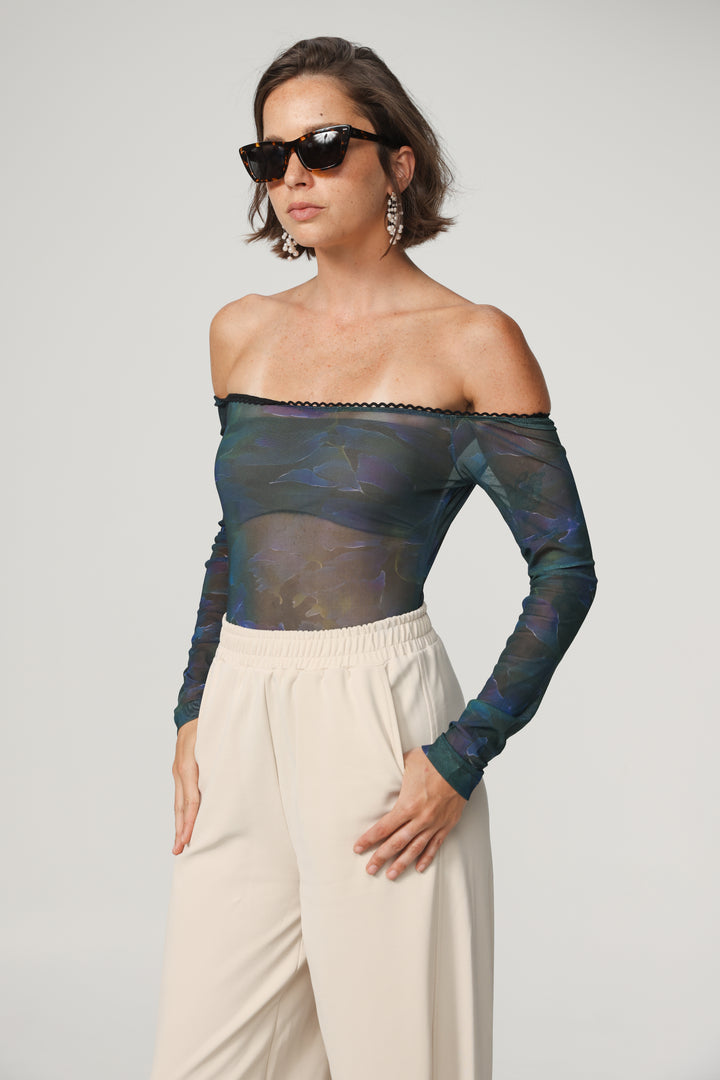 Mesh Blue Off Shoulder Bodysuit