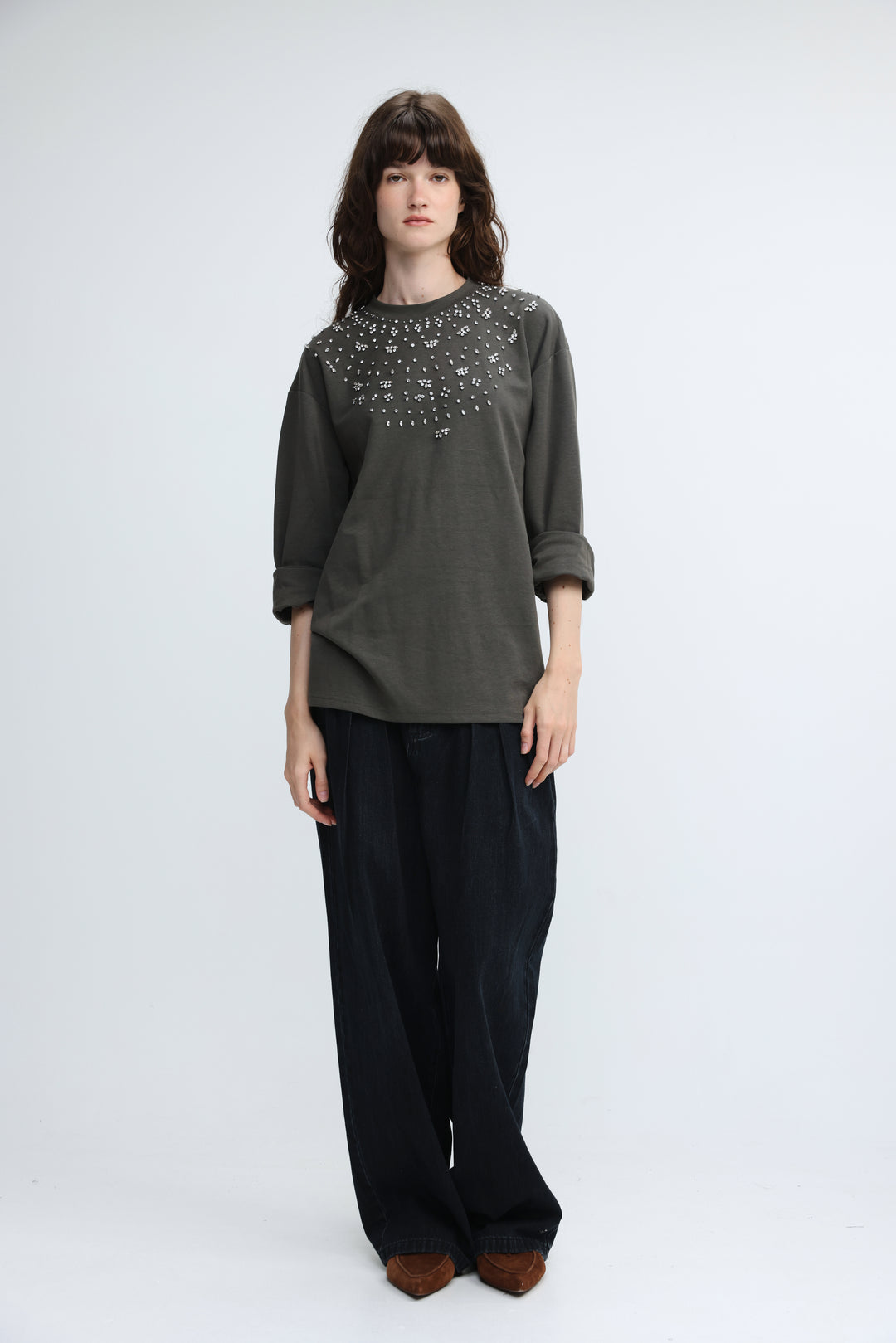 Coco Grey shirt dark olive green long-sleeved top with a decorative sparkling embellished neckline shown from front