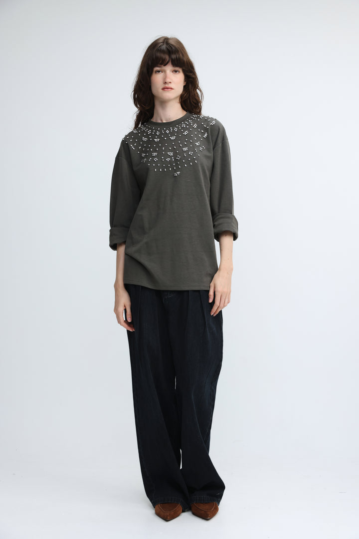Coco Grey shirt dark olive green long-sleeved top with a decorative sparkling embellished neckline shown from front