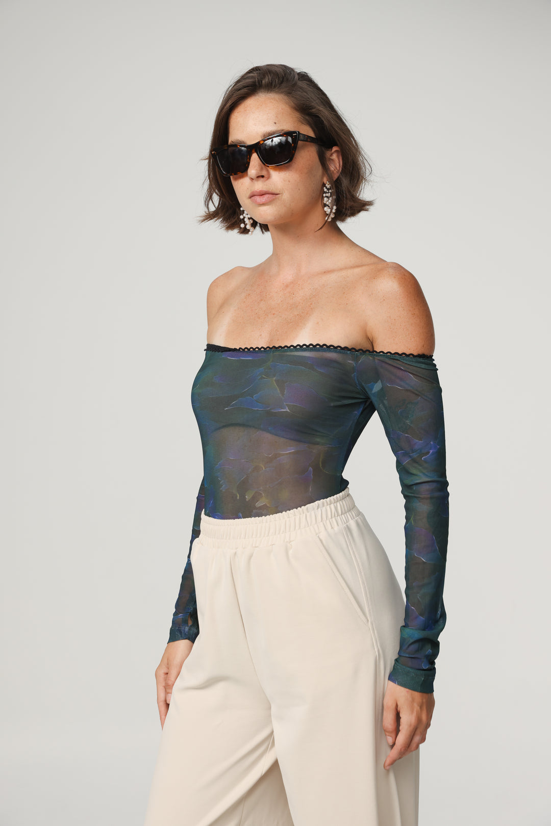 Mesh Blue Off Shoulder Bodysuit